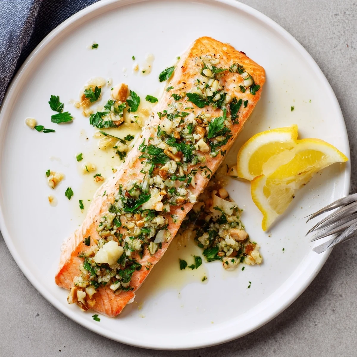 Tender oven-roasted salmon with lemon garlic butter dripping over the flaky fish