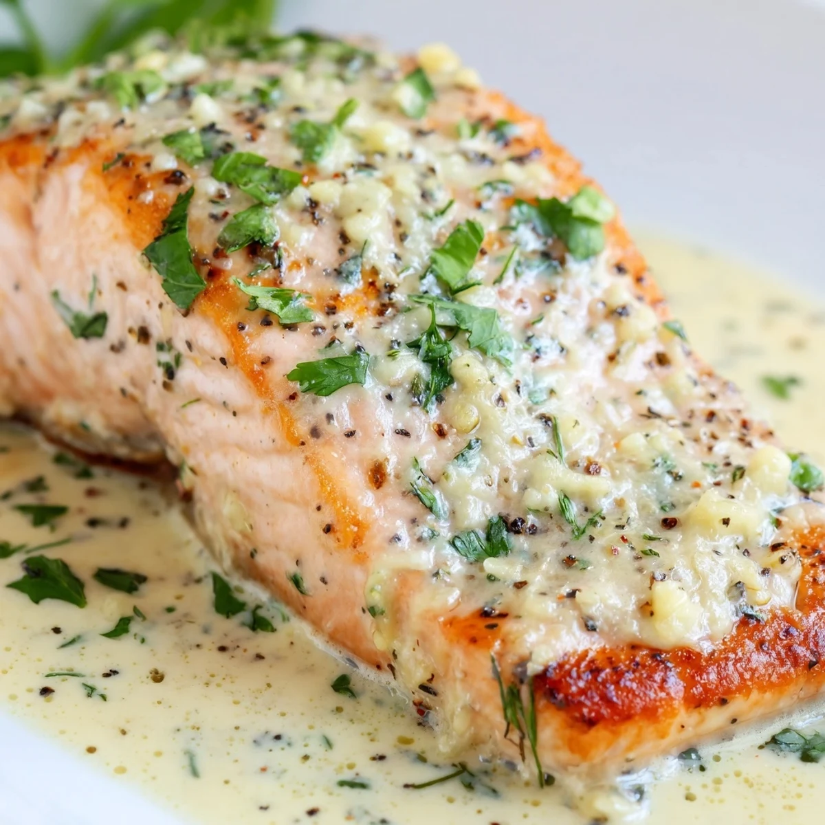 Golden pan-seared salmon fillets coated in a velvety garlic butter cream sauce with fresh herbs