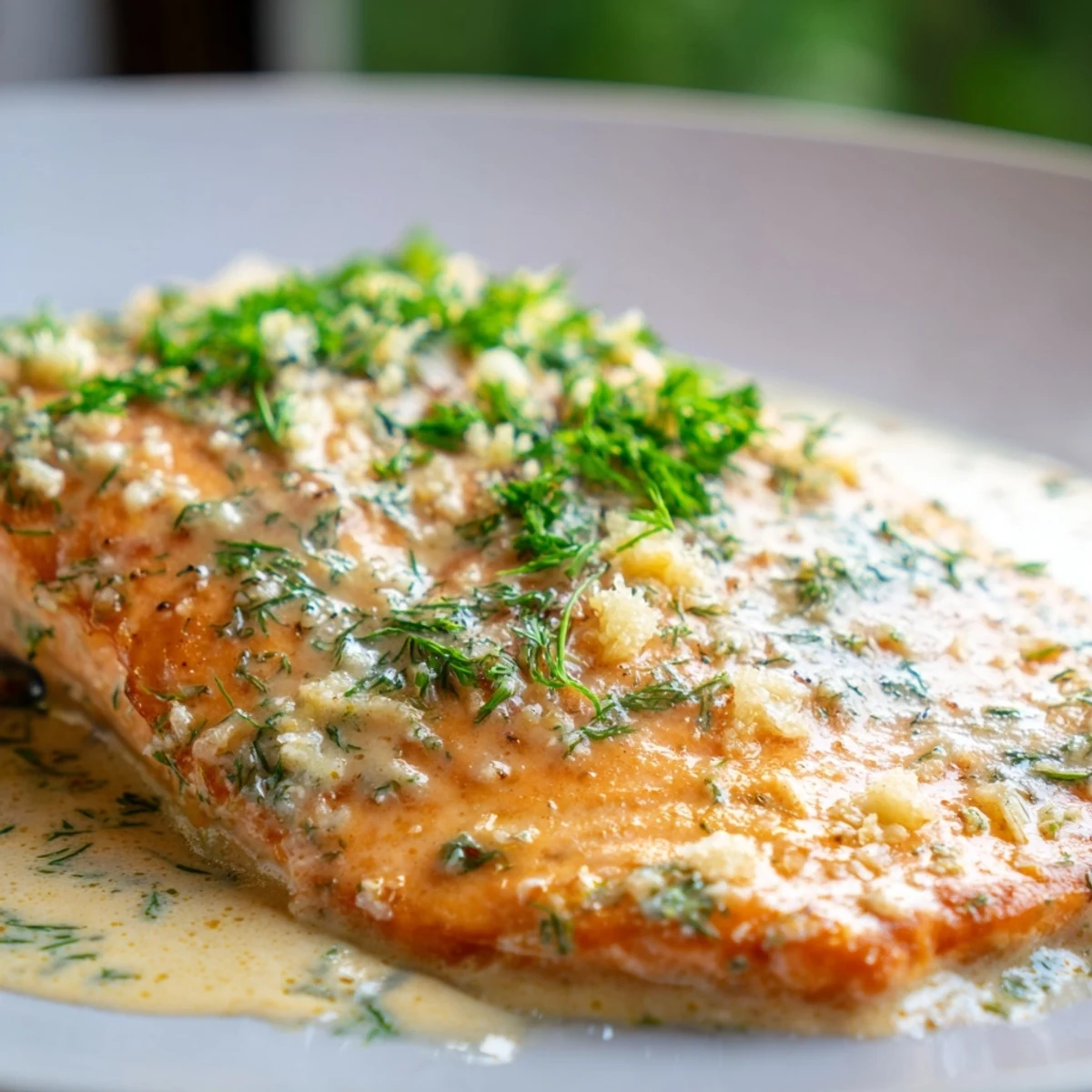 Succulent salmon pieces swimming in a rich Parmesan cream sauce with minced garlic and shallots