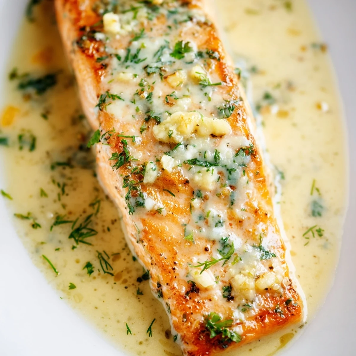 Creamy garlic butter salmon resting on a white plate topped with parsley and dill garnish