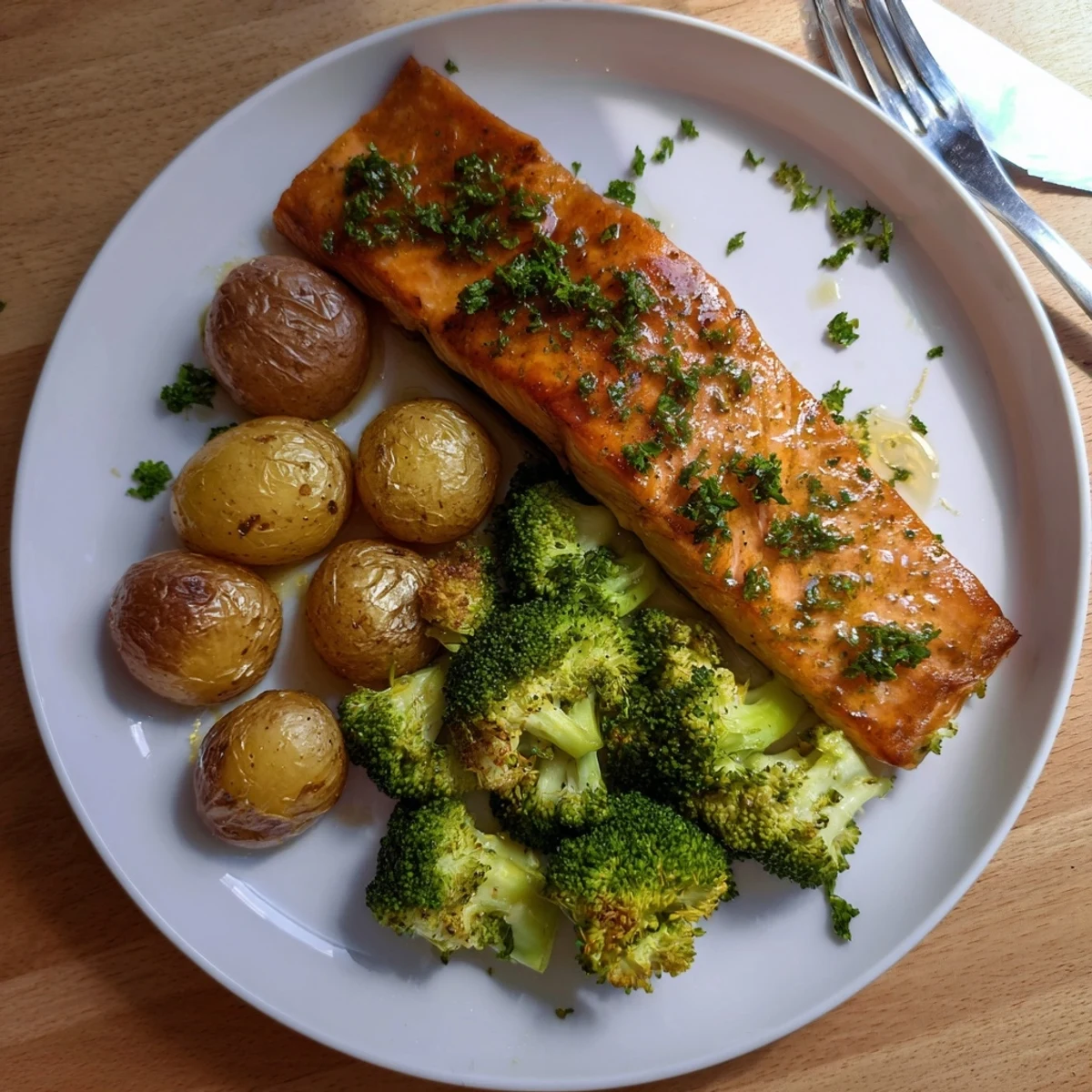 Golden pan-seared salmon fillets glazed with lemon butter sauce alongside crispy roasted potatoes and tender green broccoli florets on a white plate