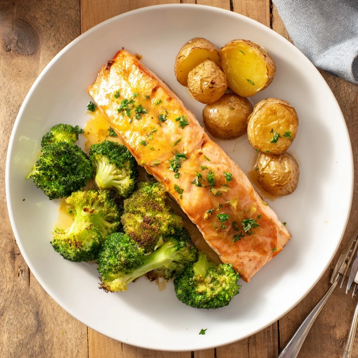 Baked salmon topped with zesty lemon garlic butter served with golden brown crispy potatoes and fresh roasted broccoli for a healthy dinner
