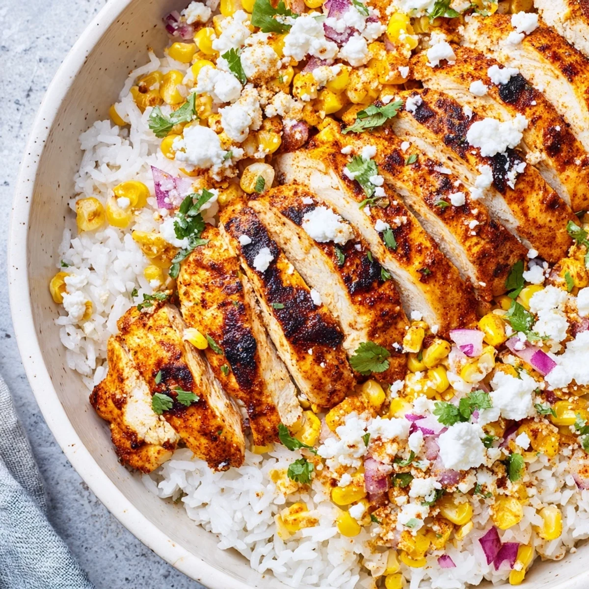 Easy street corn chicken bowl featuring grilled chicken with creamy corn topping over fluffy white rice