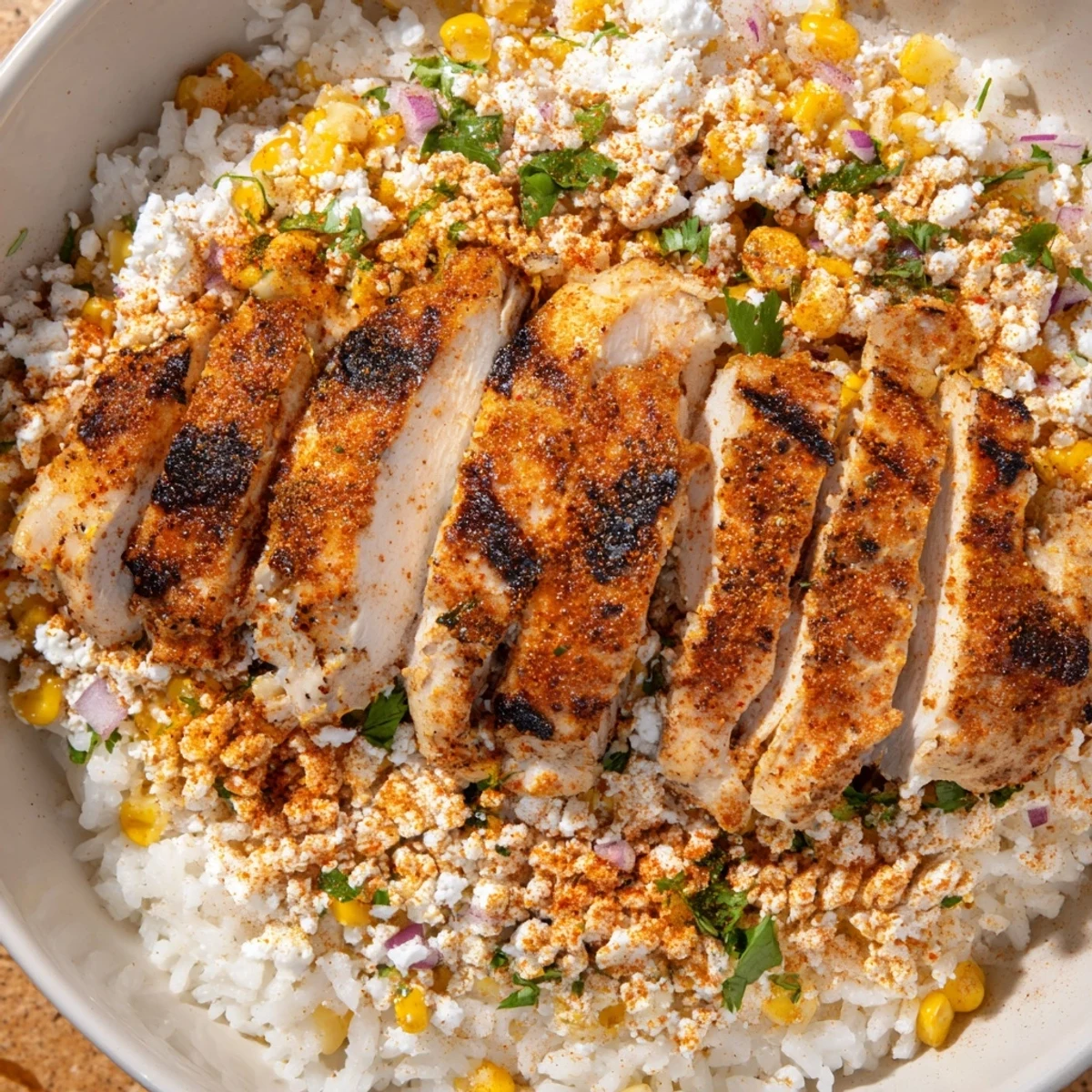 Sliced spiced chicken served in easy street corn bowl with charred corn and lime wedges