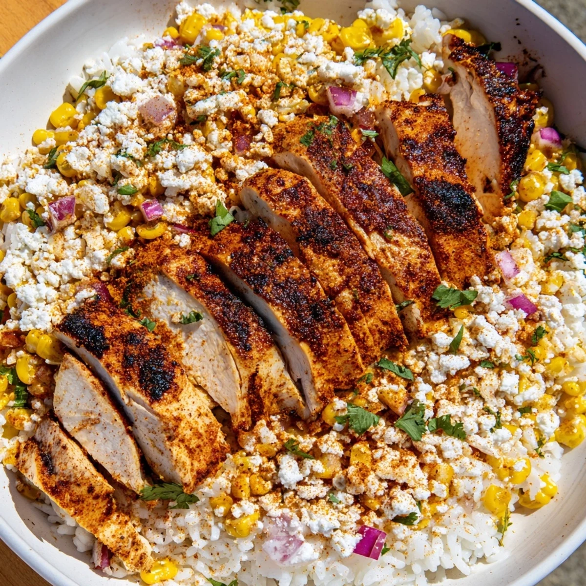 Vibrant Mexican-inspired street corn chicken bowl topped with zesty sauce and crumbled cotija cheese