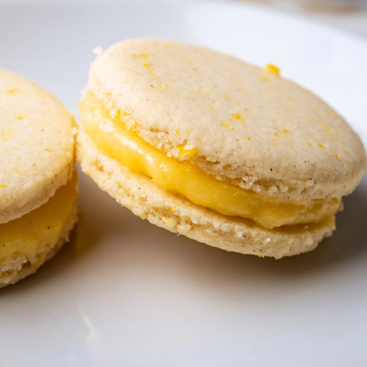Golden vegan lemon sandwich cookies filled with tangy creamy lemon curd on a white plate