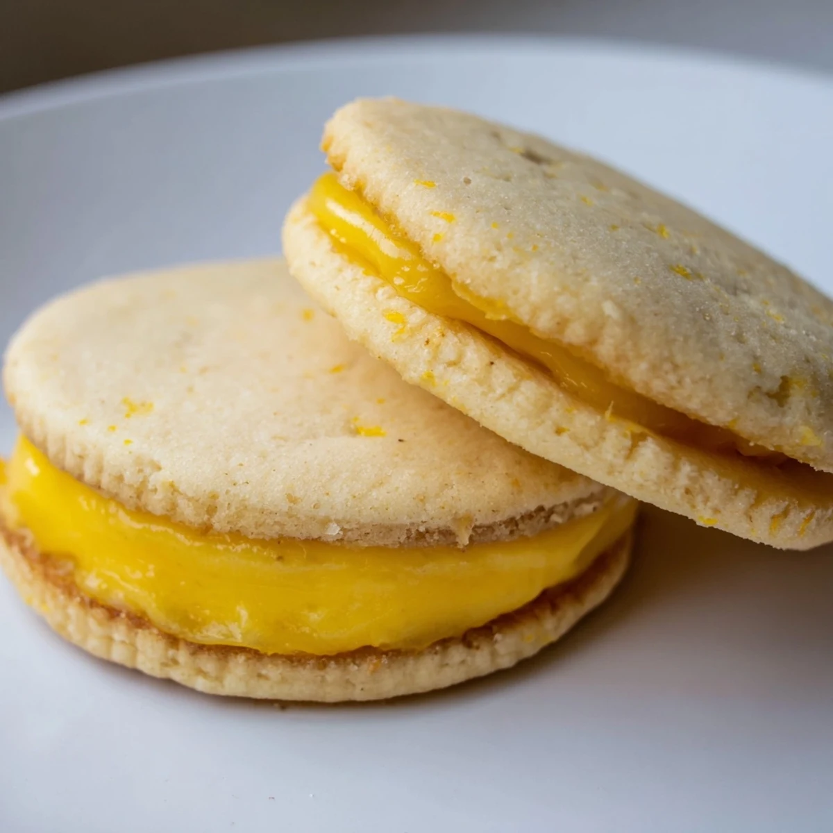 Gluten-free lemon sandwich cookies stacked with bright yellow lemon curd filling visible between layers