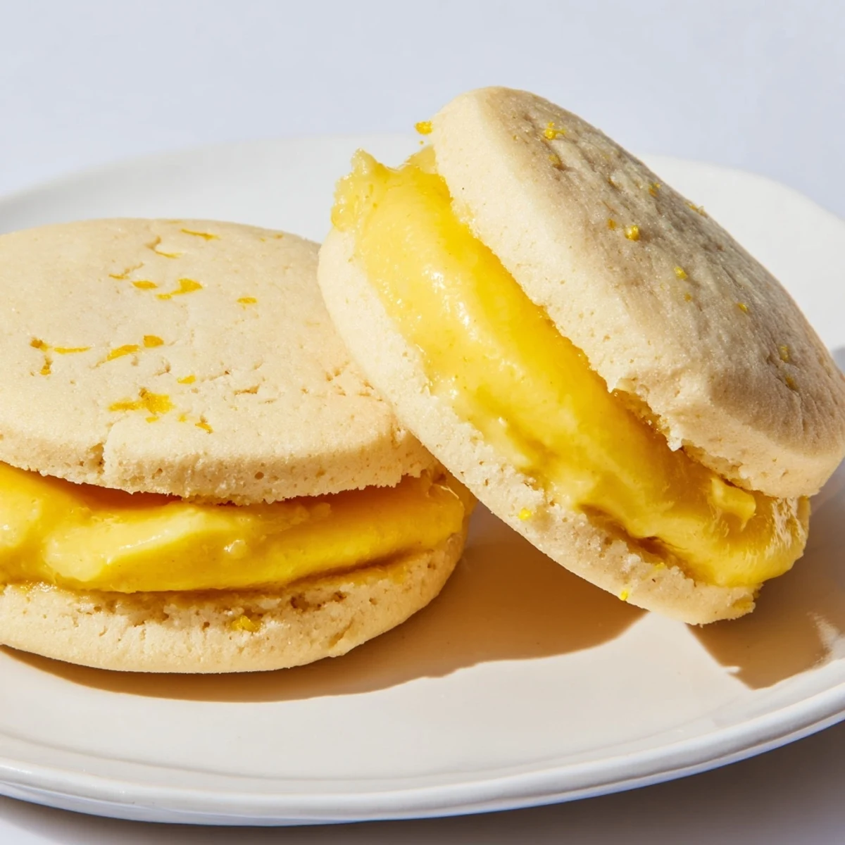 Two plant-based lemon sandwich cookies dusted with powdered sugar over a rustic wooden surface