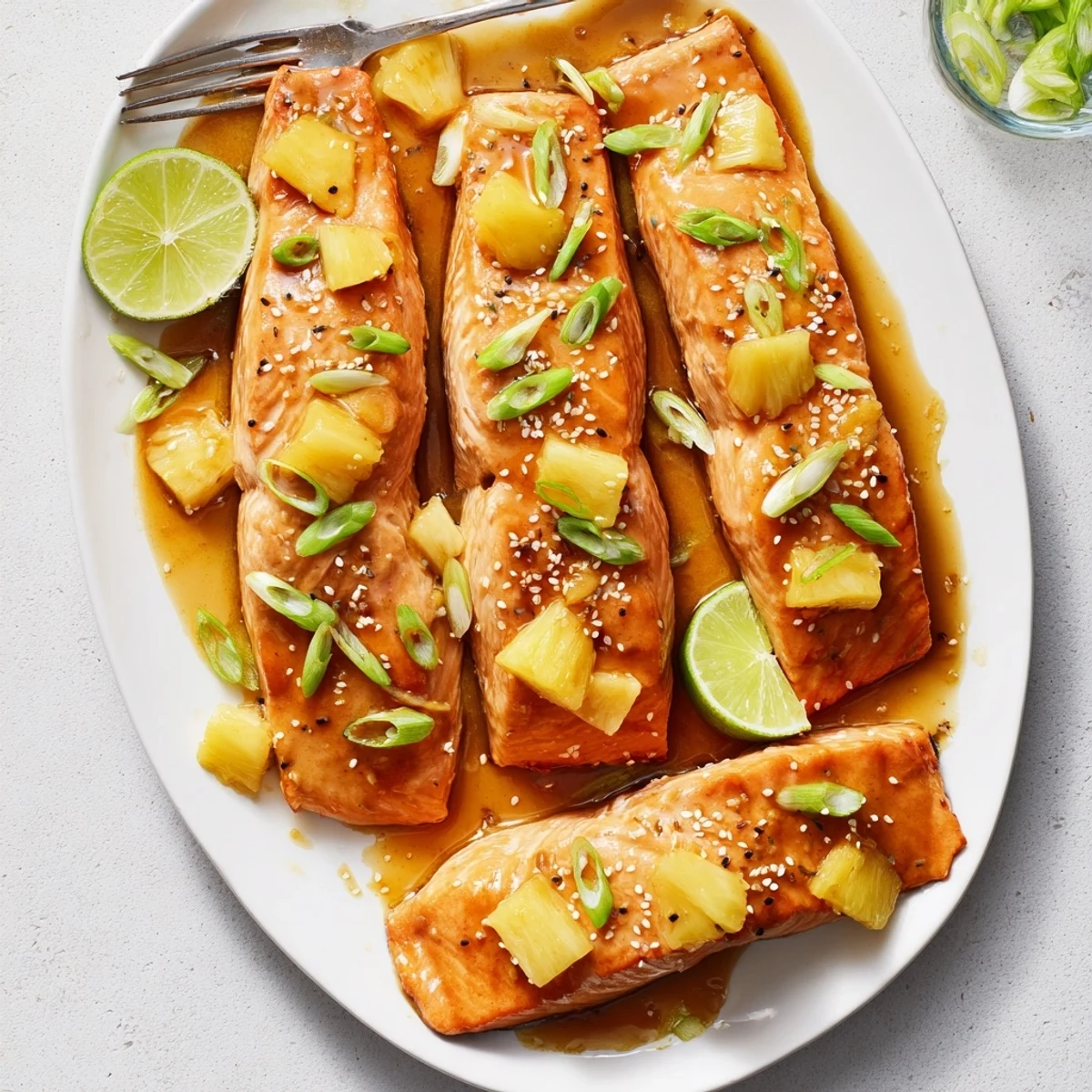 Golden salmon fillets coated in a sticky pineapple glaze with caramelized edges