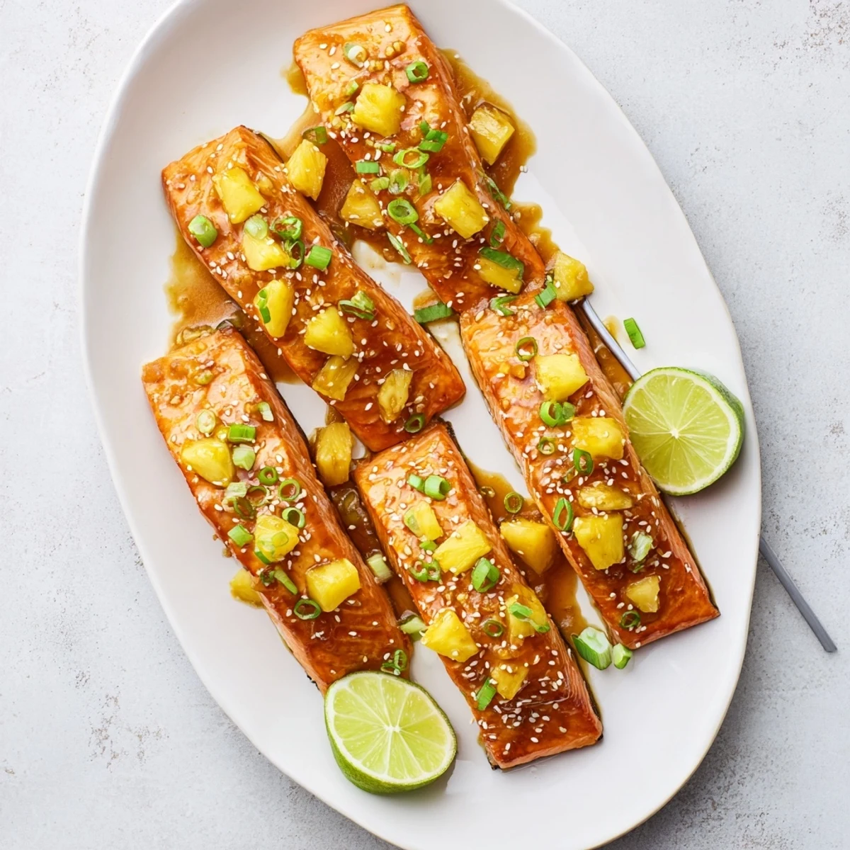 Baked pineapple glazed salmon with vibrant garnishes served on a white plate