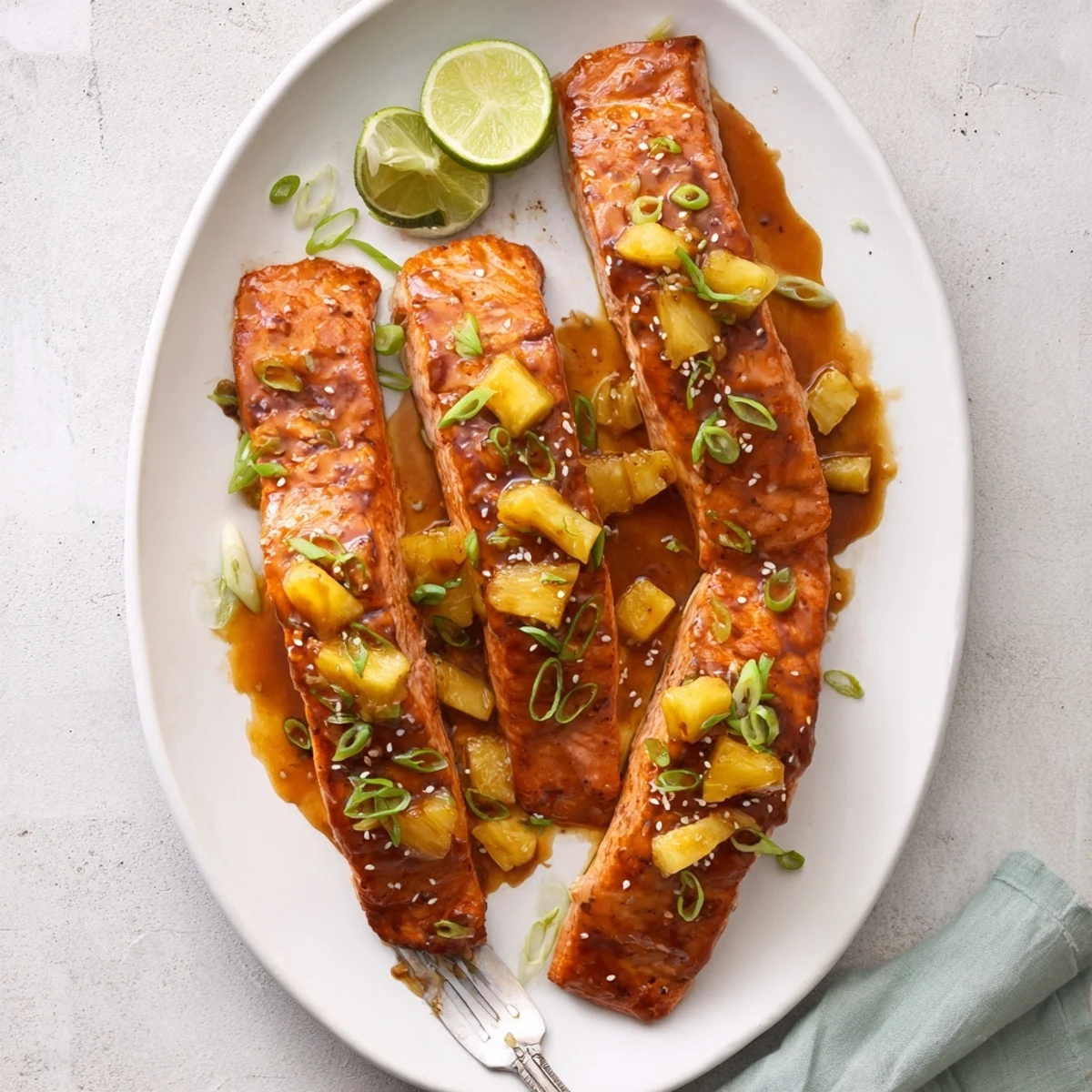 Tender salmon topped with shiny sweet pineapple glaze and fresh green onion sprinkles