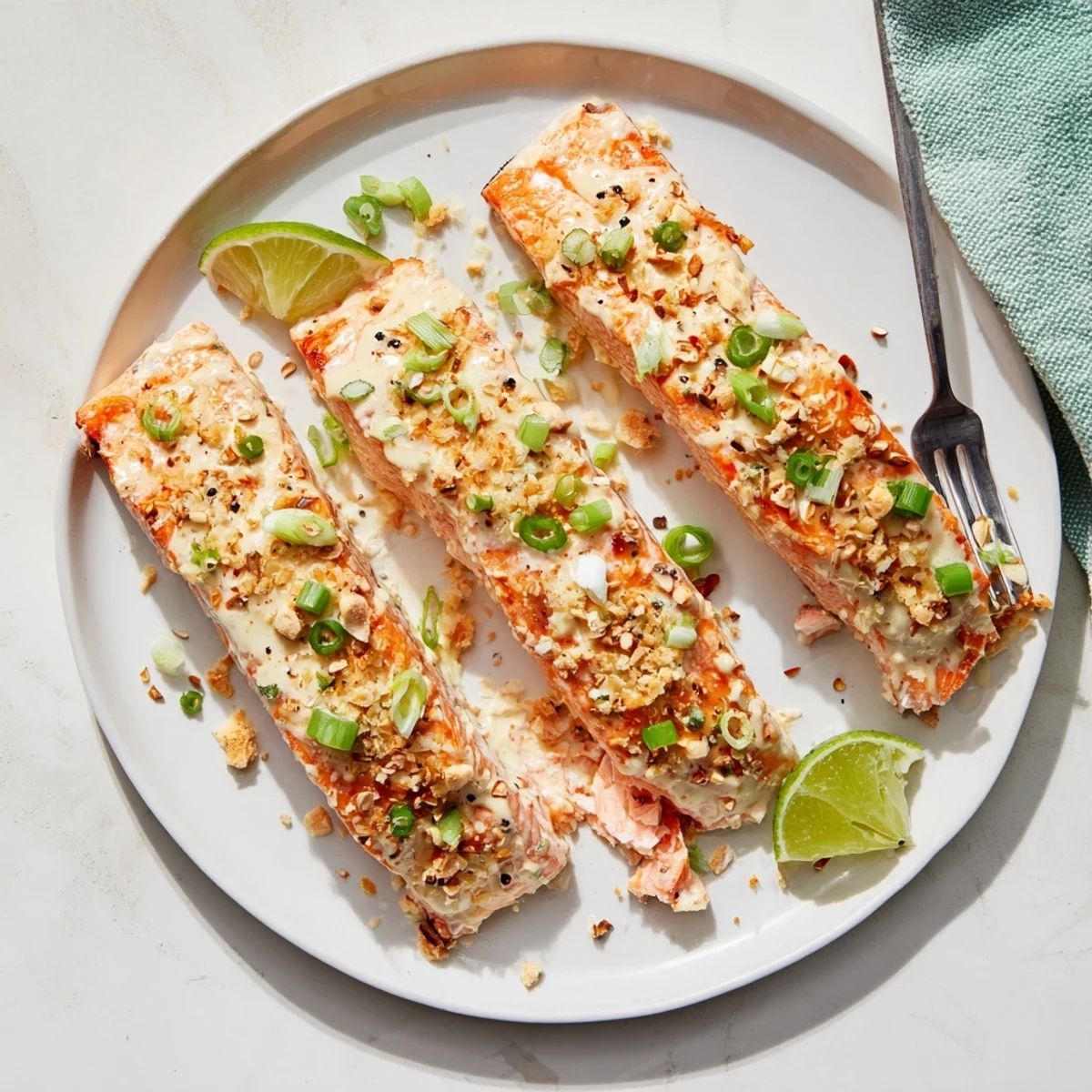 Golden baked Bang Bang Salmon fillets drizzled with creamy spicy red sauce and garnished with fresh green onions