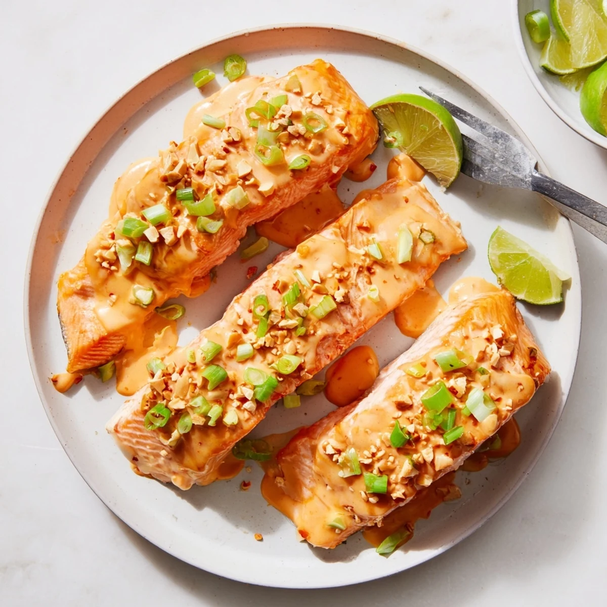 Tender oven-roasted Bang Bang Salmon brushed with thick orange-red creamy sauce over rice with lime wedges
