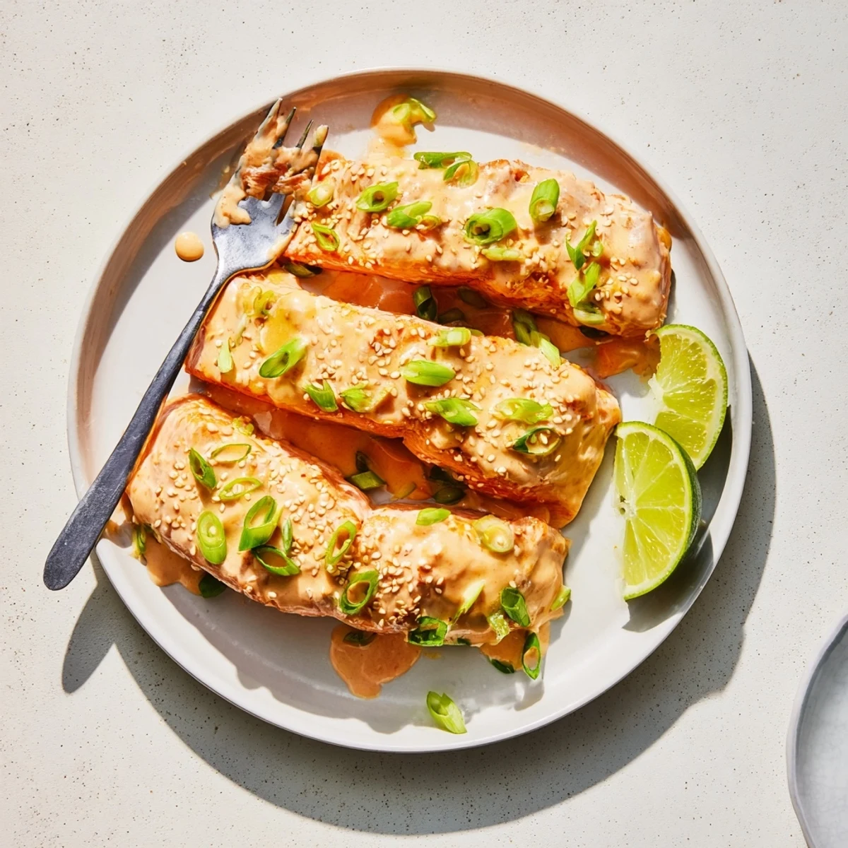 Flaky baked Bang Bang Salmon topped with sweet chili sriracha glaze and toasted sesame seeds on white plate