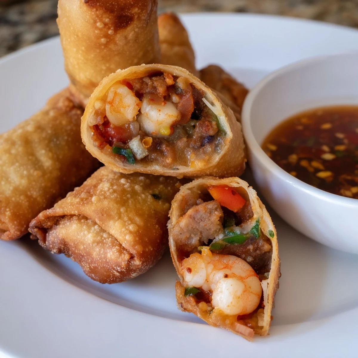 Golden brown Voodoo Egg rolls filled with spicy andouille sausage and shrimp on white plate