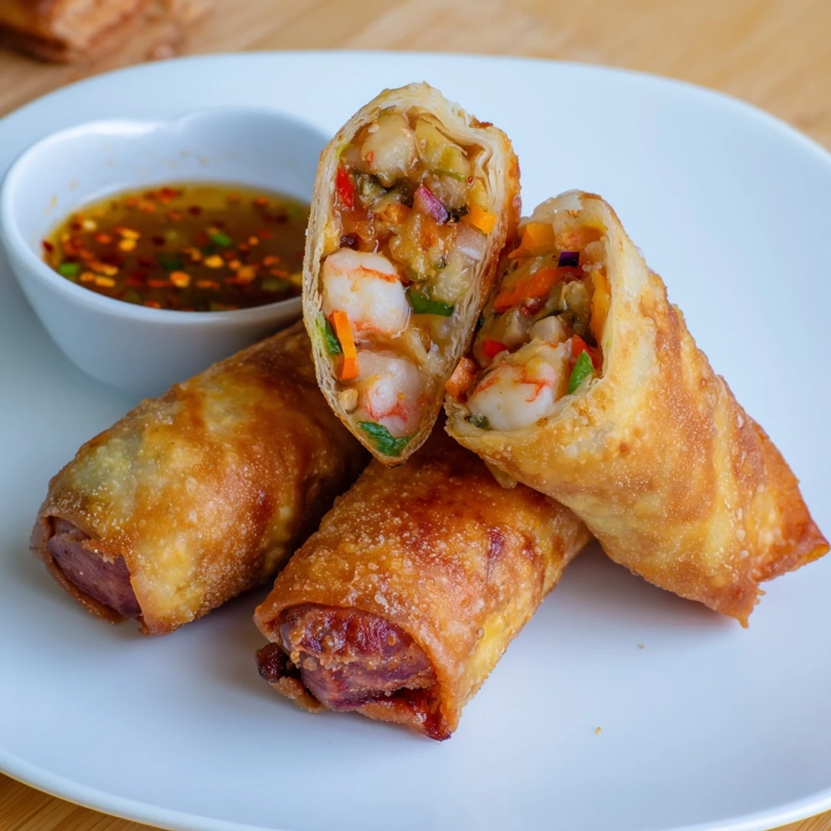 Crispy fried Voodoo Egg rolls sliced open revealing colorful bell pepper and Cajun spiced filling