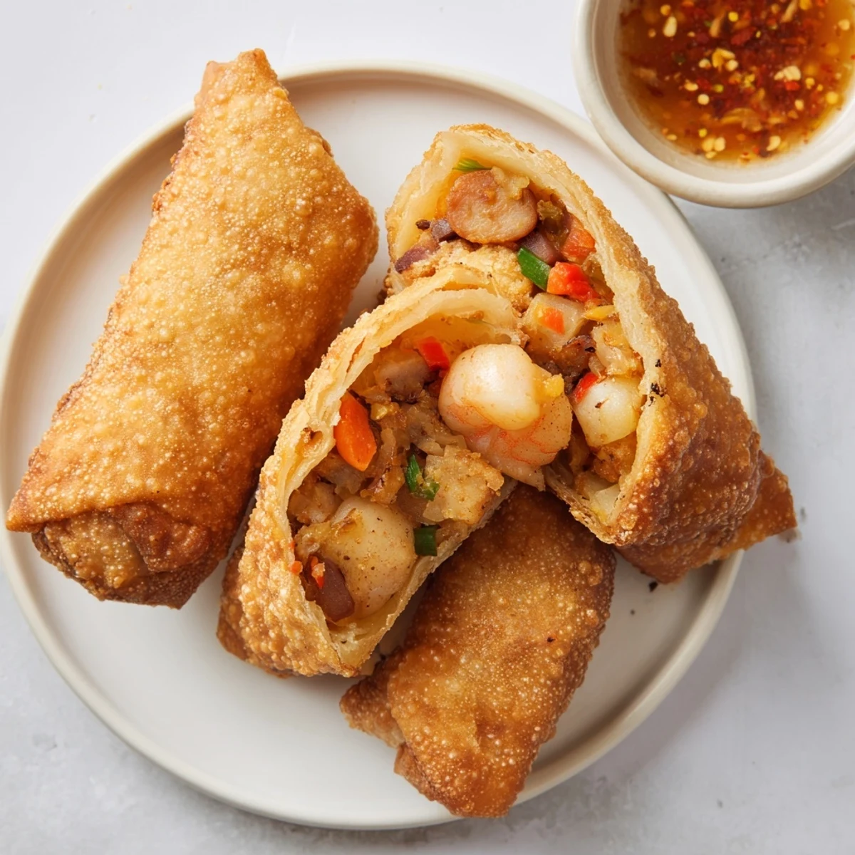 Plate of Voodoo Egg rolls with creamy Cajun dipping sauce and fresh green parsley garnish