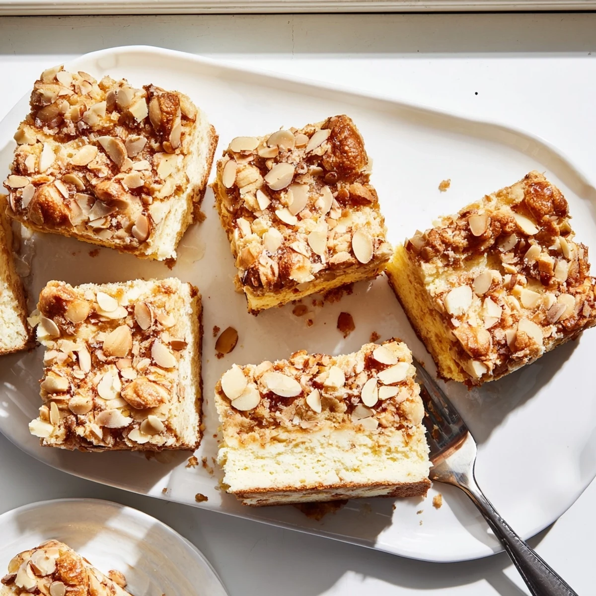 Golden easy ricotta cloud squares with almond crunch topping freshly baked and sliced