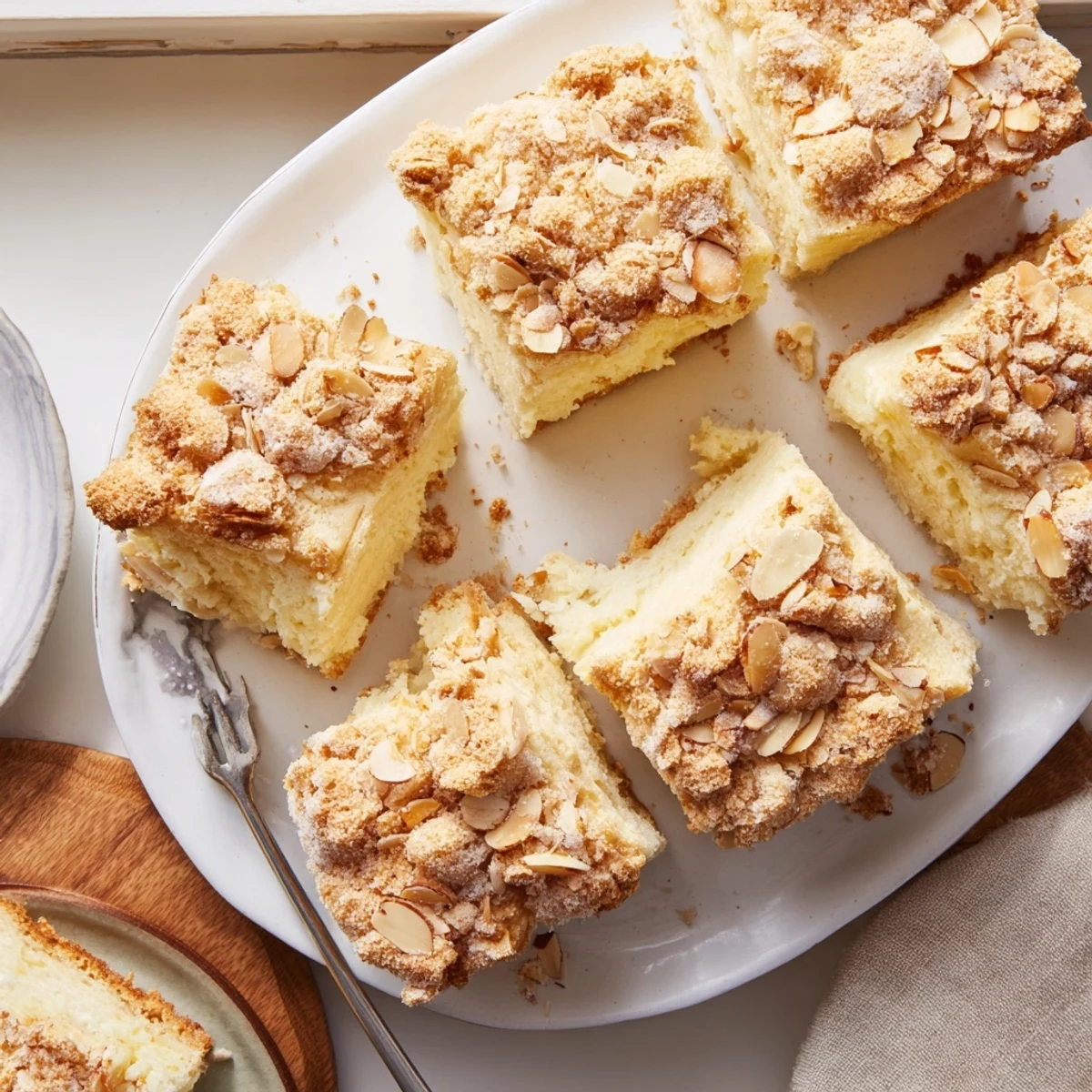 Fluffy white easy ricotta cloud squares featuring caramelized almond layer on a serving plate