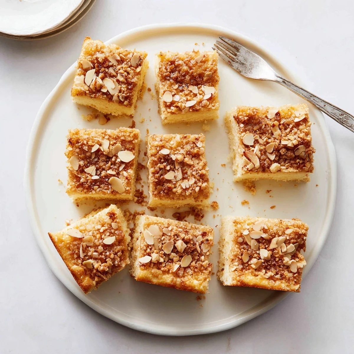 Close up of easy ricotta cloud squares with crunchy almond topping and powdered sugar dust