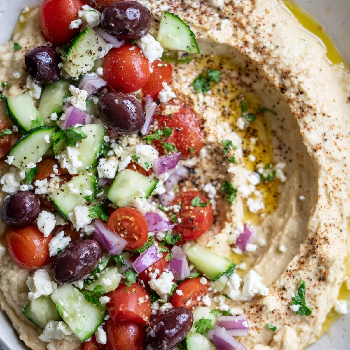 Creamy Greek style loaded hummus topped with fresh vegetables olives and crumbled feta cheese