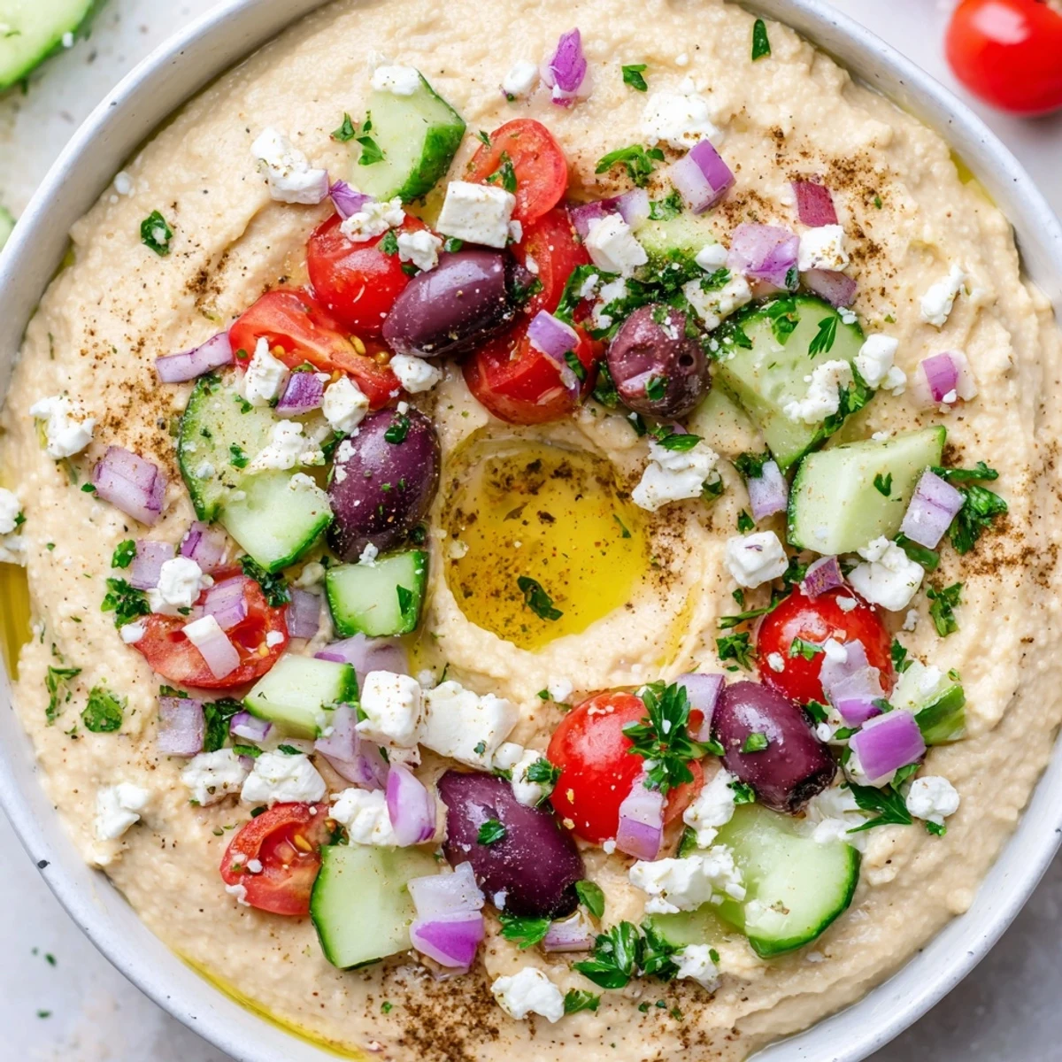 Vibrant Mediterranean hummus bowl garnished with cherry tomatoes cucumber and parsley drizzle