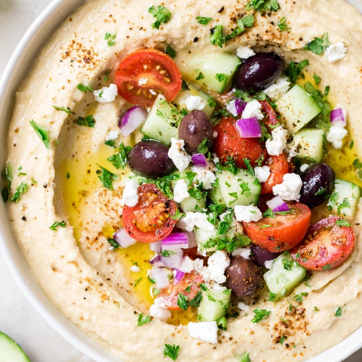 Greek style loaded hummus appetizer spread with colorful toppings and olive oil glaze