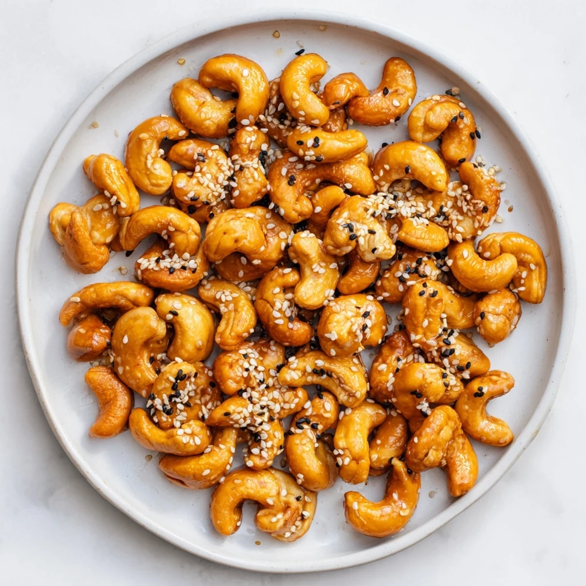 Close-up of roasted honey sesame cashews coated in sweet amber syrup and toasted sesame topping
