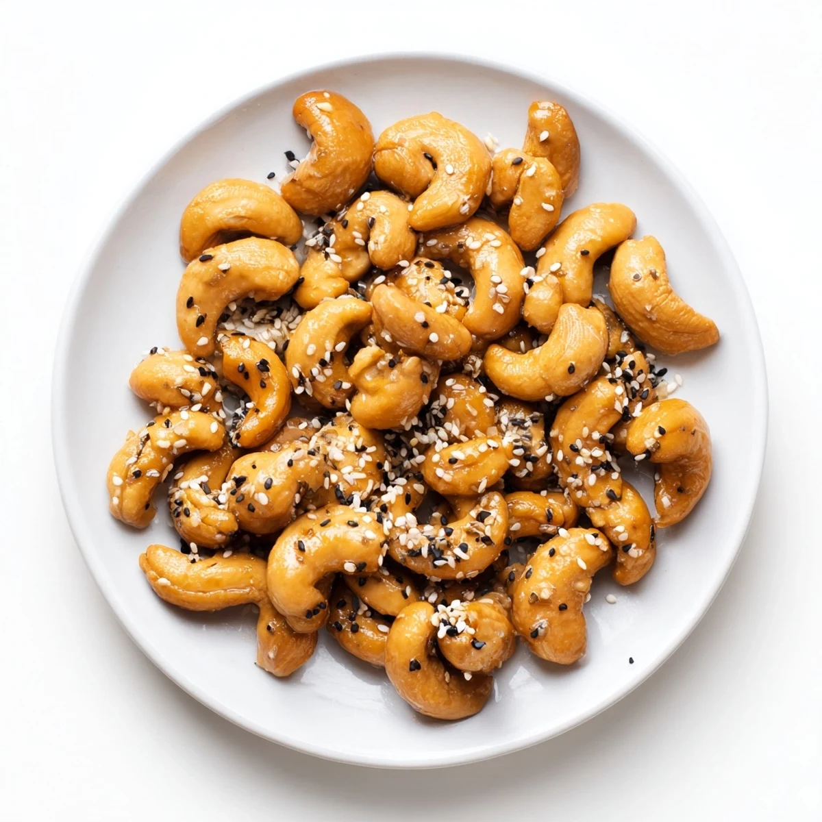 Bowl of crunchy honey sesame cashews drizzled with sticky glaze and speckled with nutty seeds