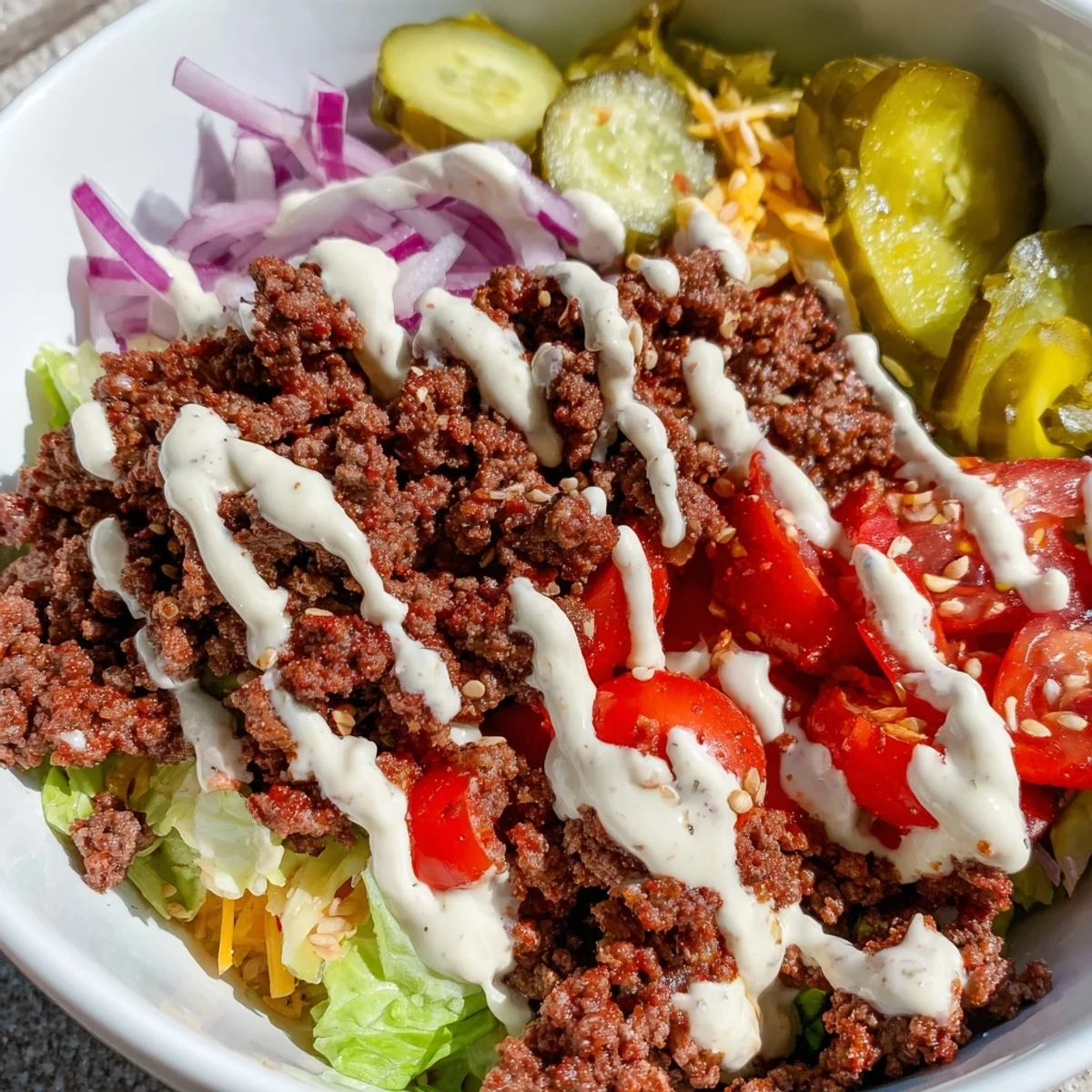 Burger bowls layered with seasoned ground beef, crisp lettuce, cheddar, and tangy special sauce.