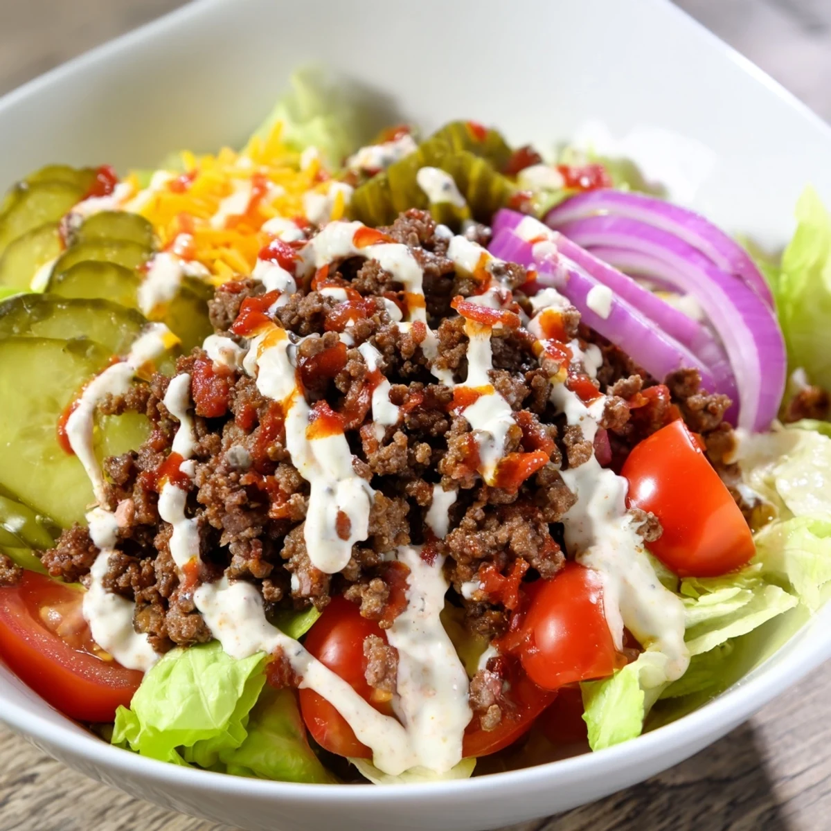 Deconstructed burger bowls featuring juicy beef patties crumbled over fresh lettuce and colorful vegetable toppings.