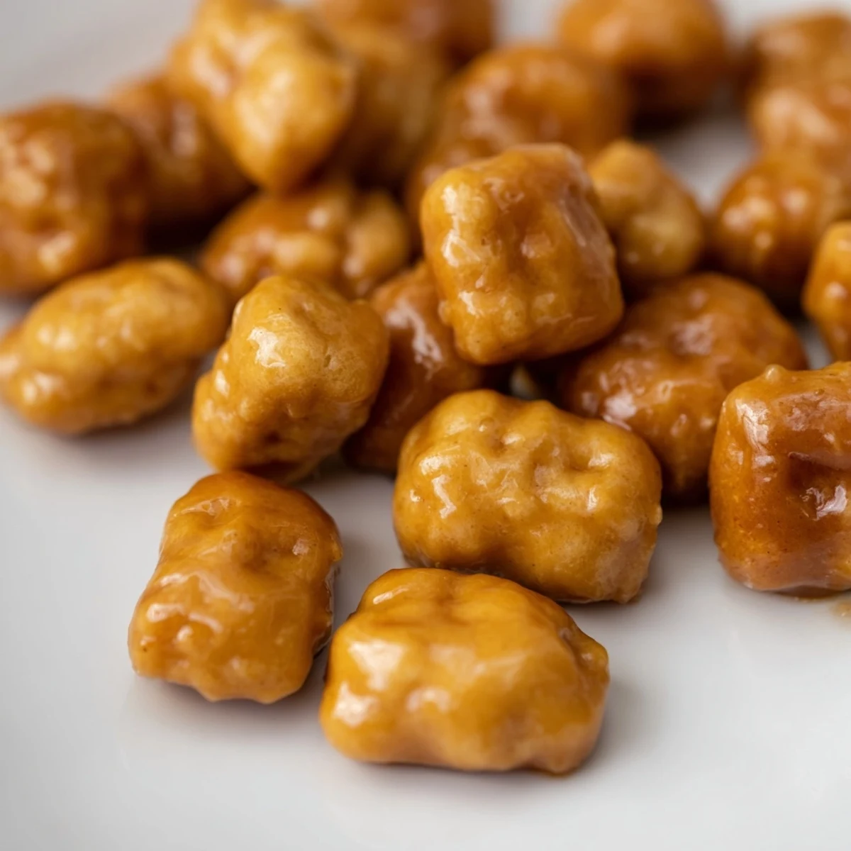 Golden brown caramel crunch oyster crackers piled high on a white serving platter