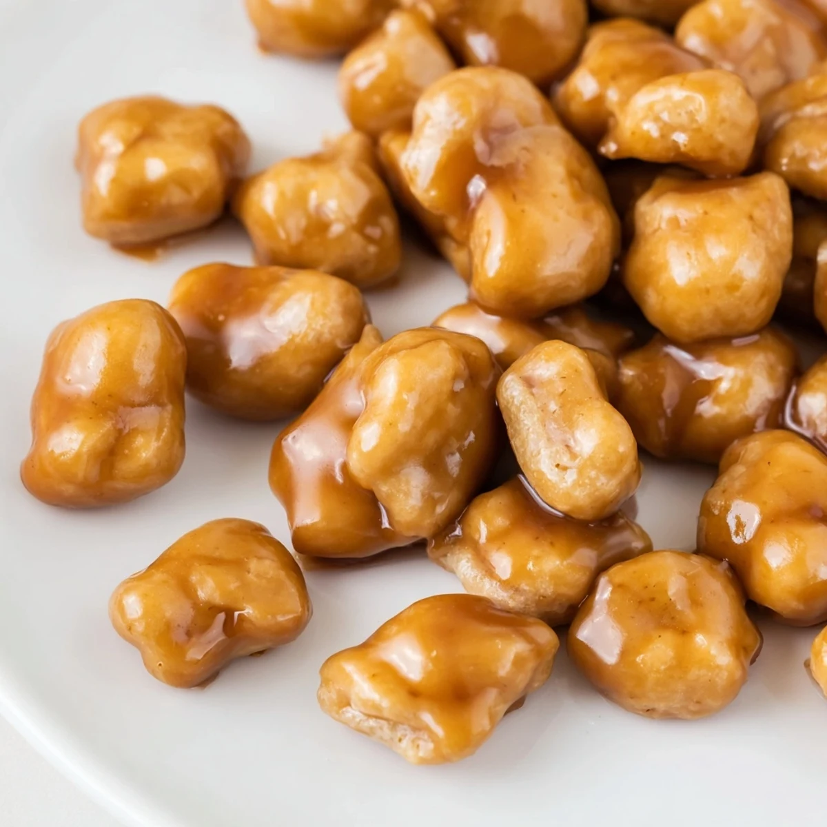 Buttery caramel glazed oyster crackers scattered on parchment paper after baking until crispy