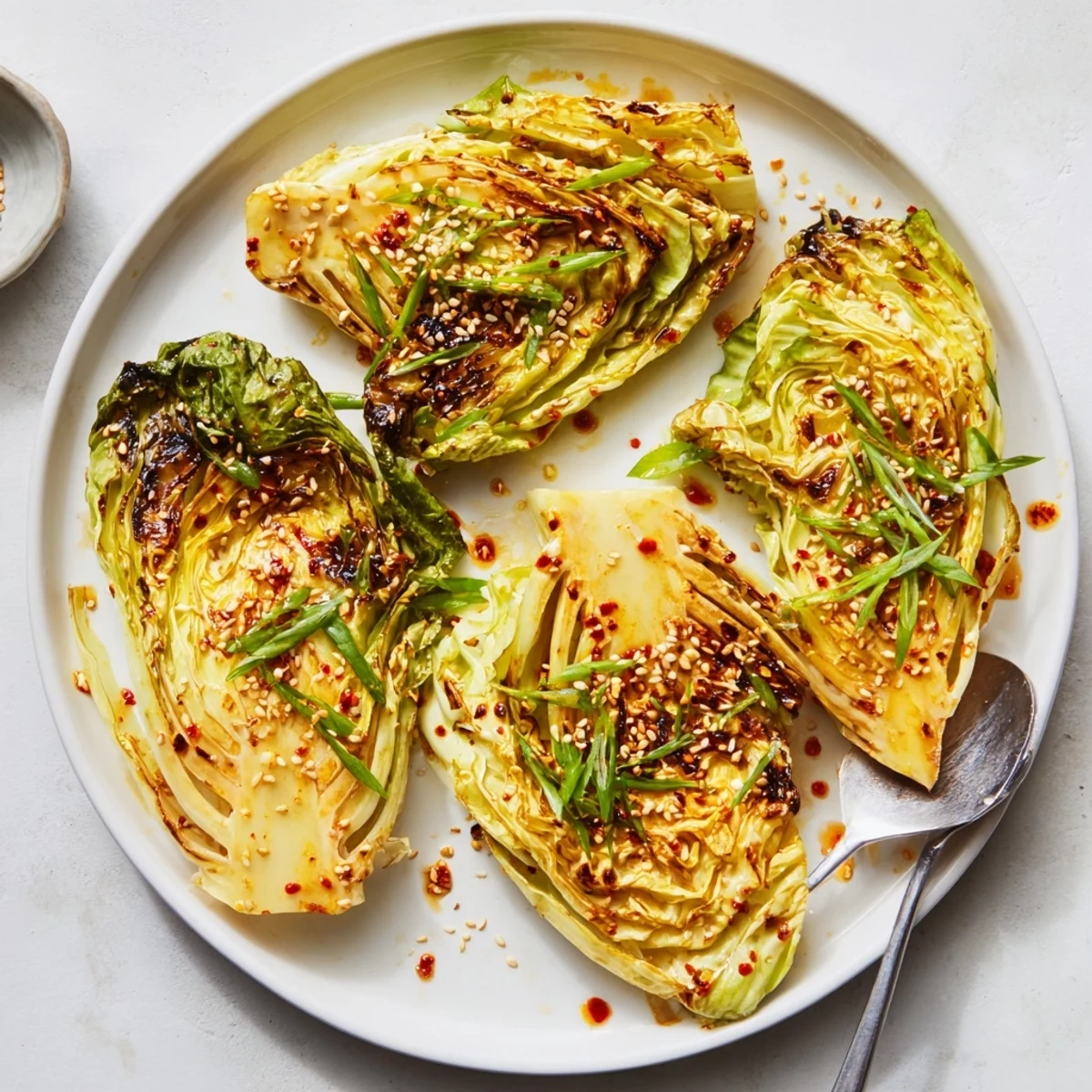 Glossy miso butter glazed cabbage wedges served with sesame seeds and green onions