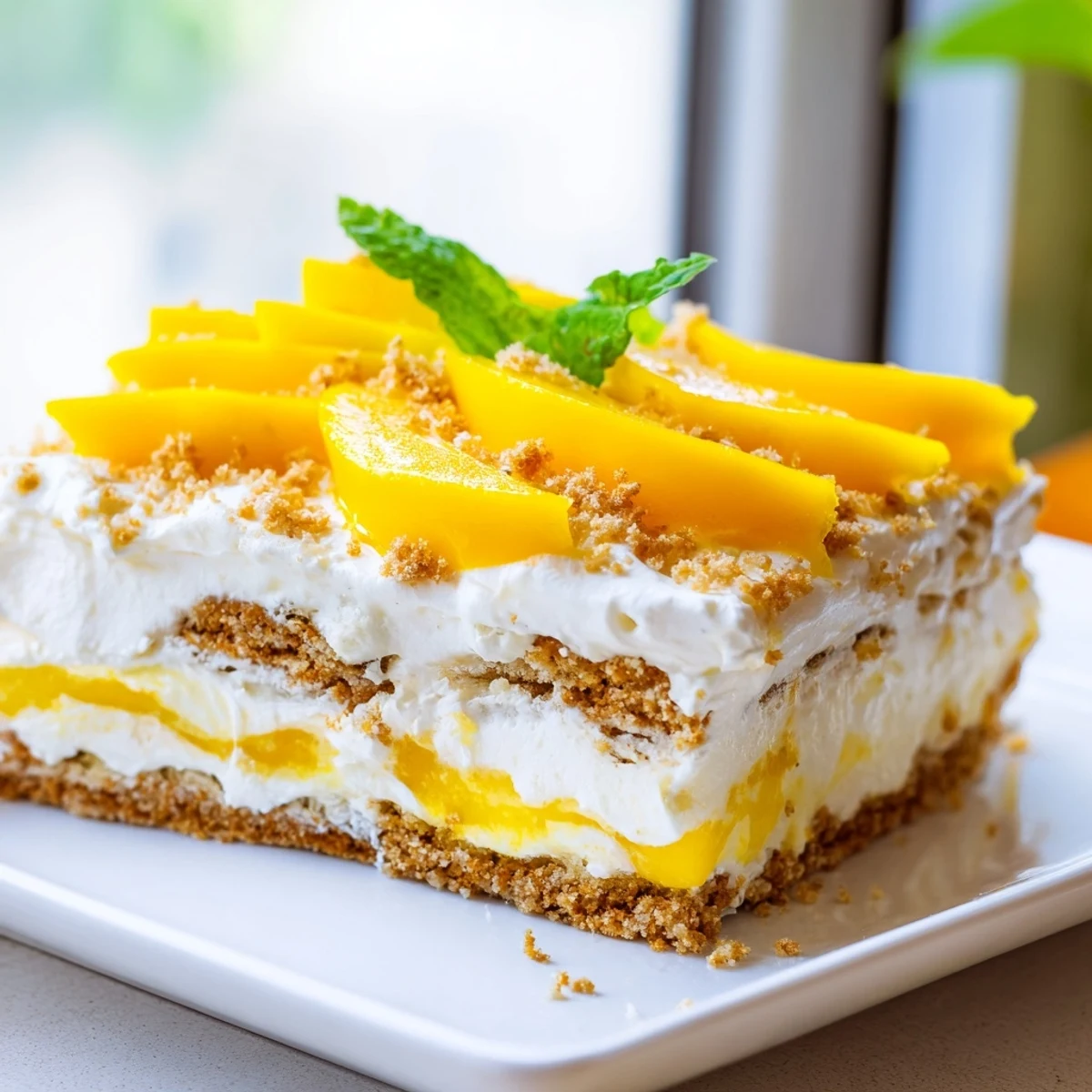 Golden layered Filipino mango float dessert with ripe mango slices and creamy whipped topping