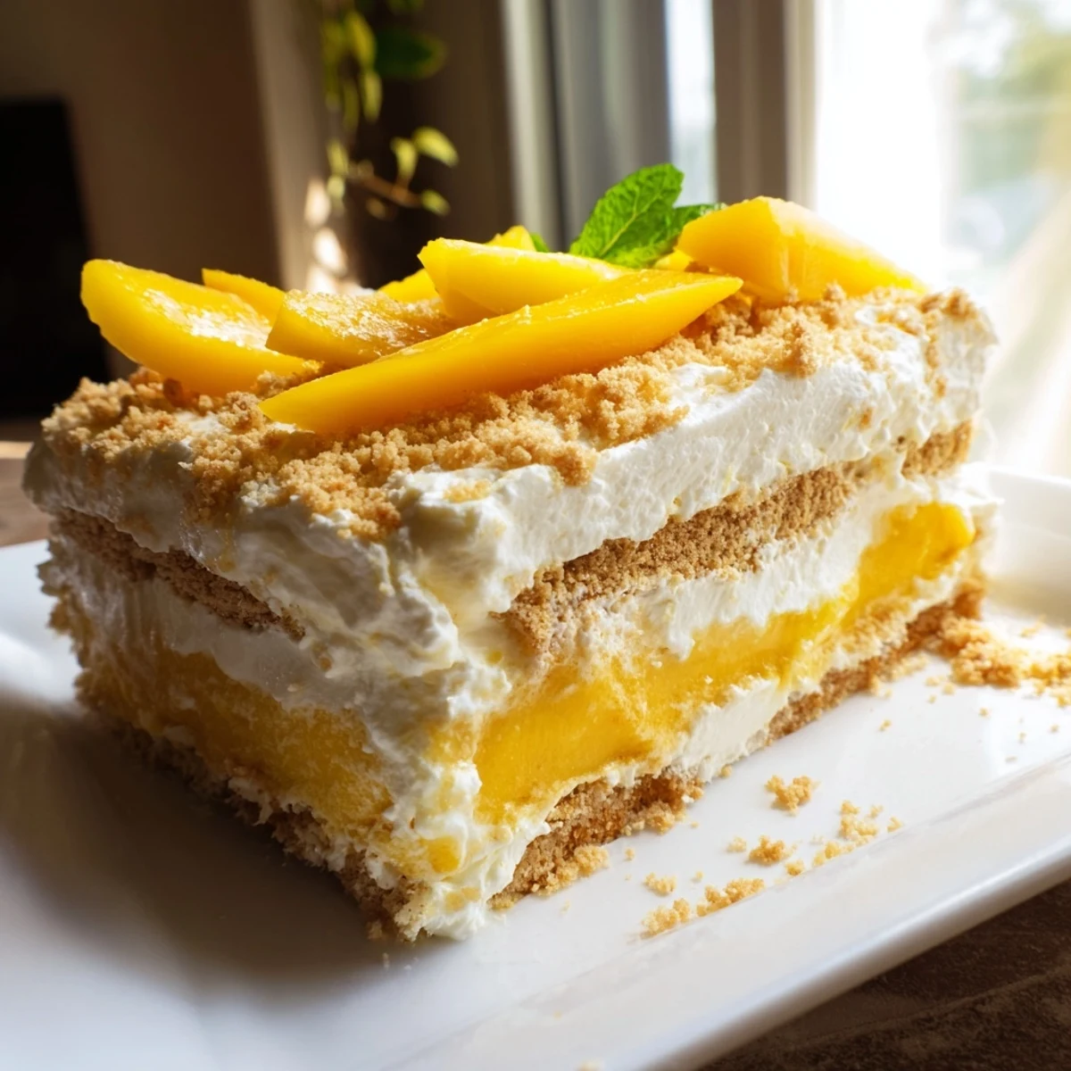 Square glass dish of chilled Filipino mango float showing graham cracker and mango layers