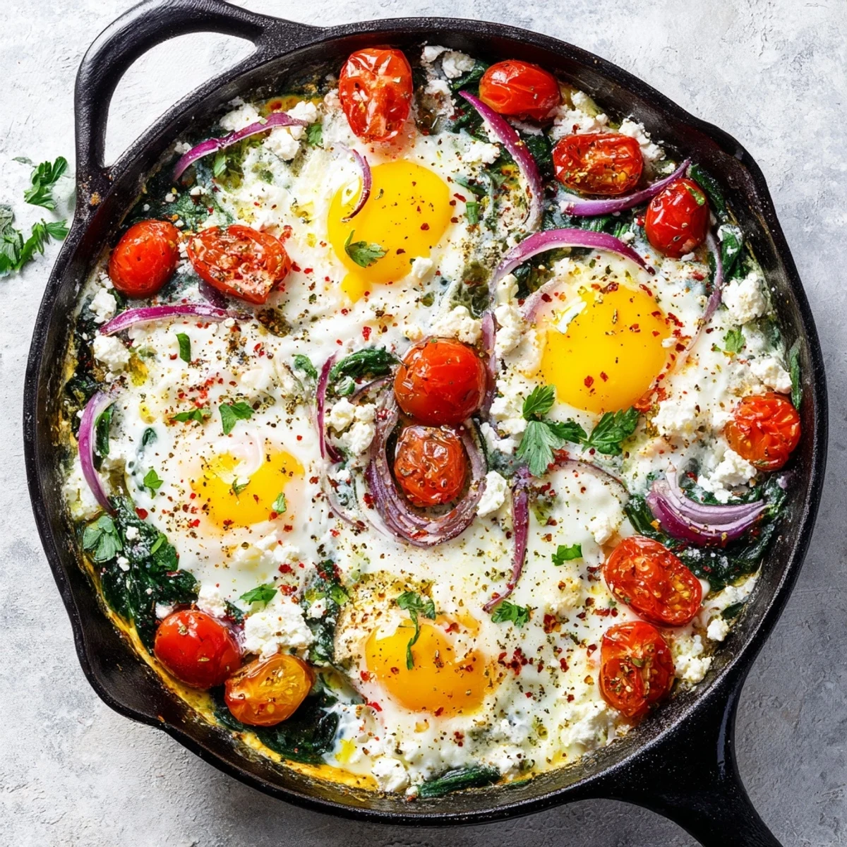 Golden baked feta eggs nestled with wilted spinach and burst cherry tomatoes in a rustic skillet