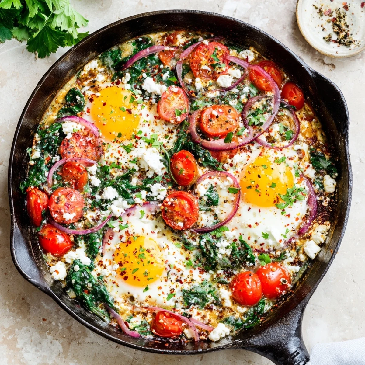 Creamy Mediterranean baked feta eggs with bright cherry tomatoes and tender spinach, fresh from the oven
