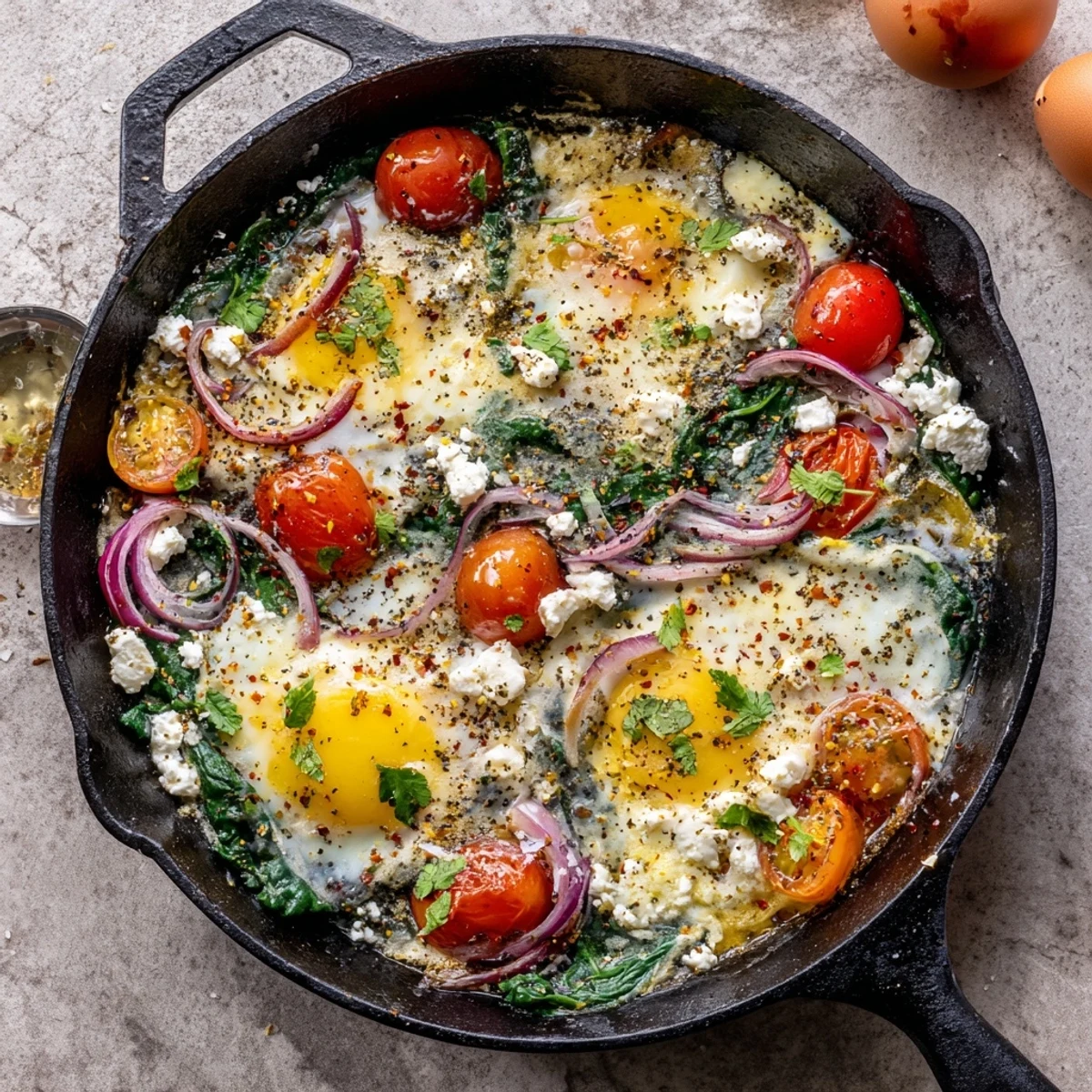 Savory baked feta eggs featuring runny yolks, softened spinach, and juicy tomatoes ready for dipping toast