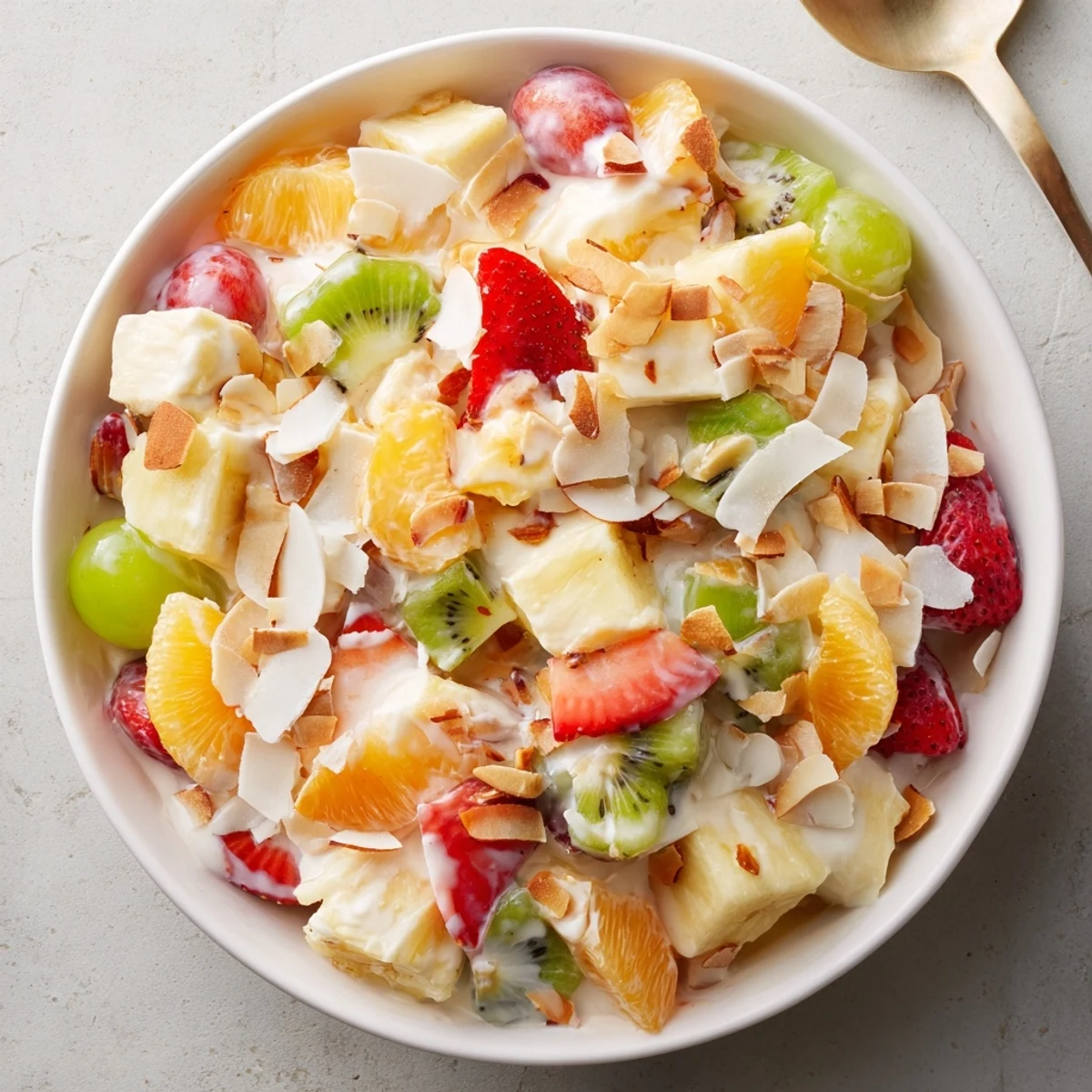 Refreshing creamy fruit salad with tropical kiwi, mandarin oranges, and coconut garnished on white plate