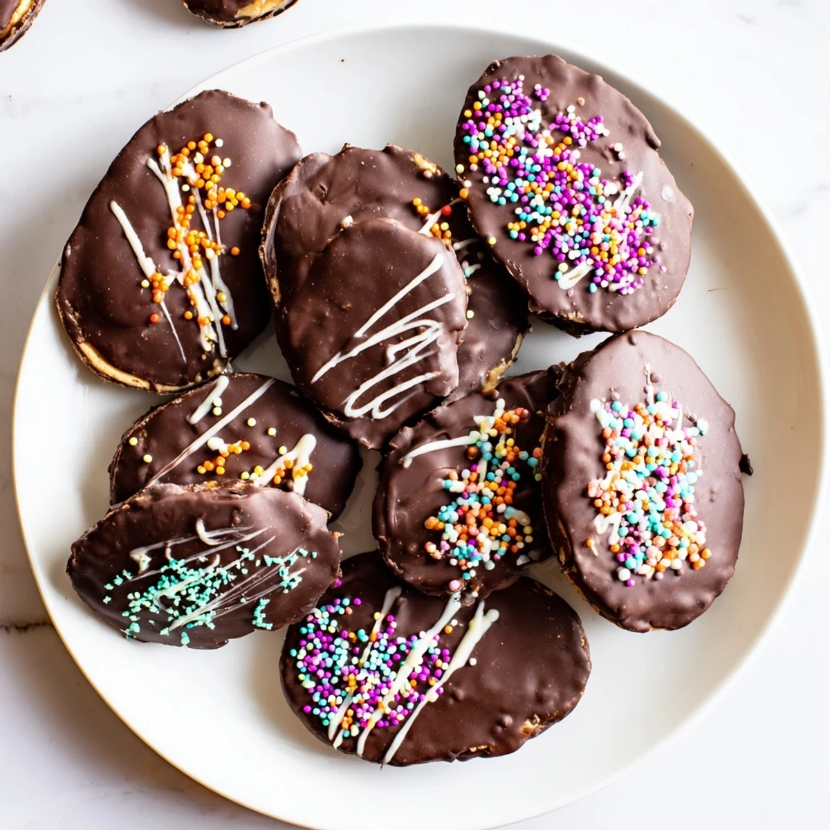 Homemade peanut butter Easter eggs coated in glossy dark chocolate with colorful sprinkles on top