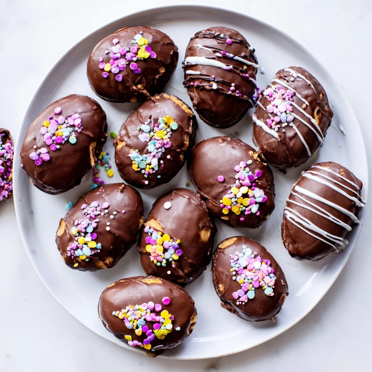 Handcrafted peanut butter Easter eggs sitting on parchment paper with rich chocolate coating and festive decorations