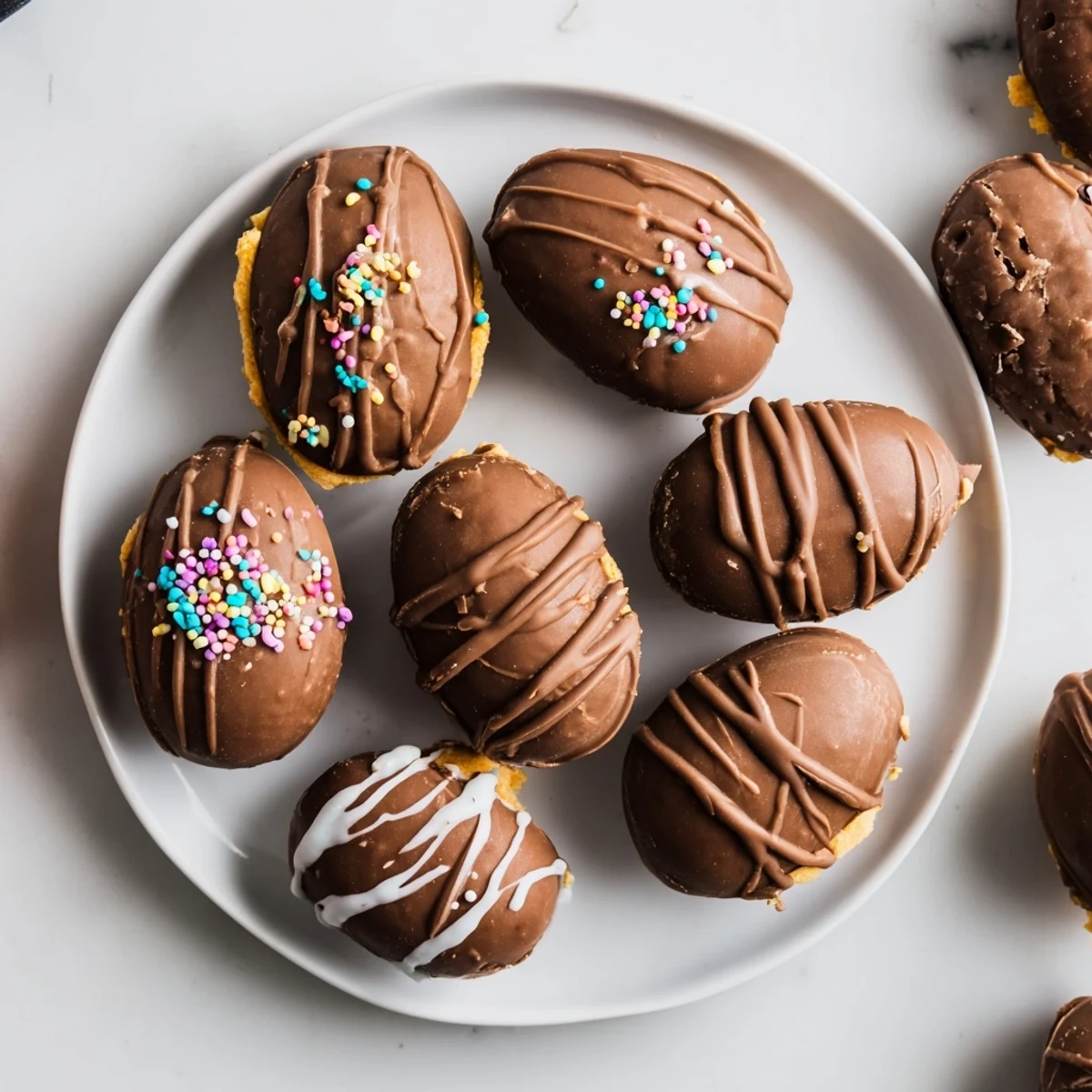 Creamy peanut butter Easter eggs shaped into ovals and dipped in smooth melted chocolate for dessert