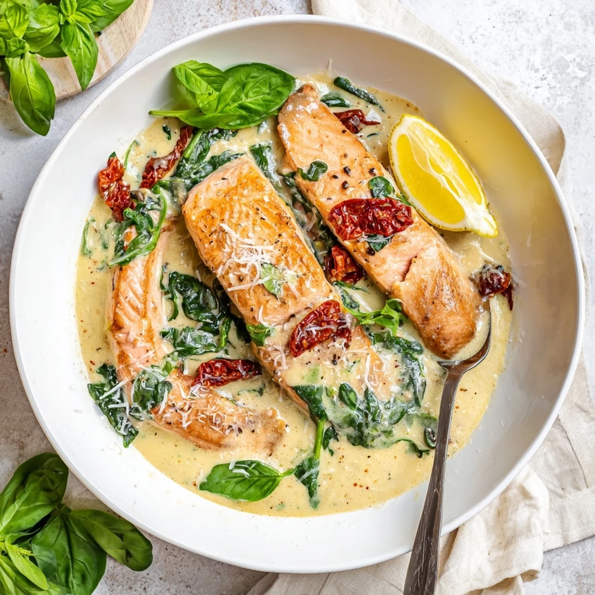 Creamy Tuscan salmon served hot with velvety parmesan garlic sauce and tender sun-dried tomato pieces