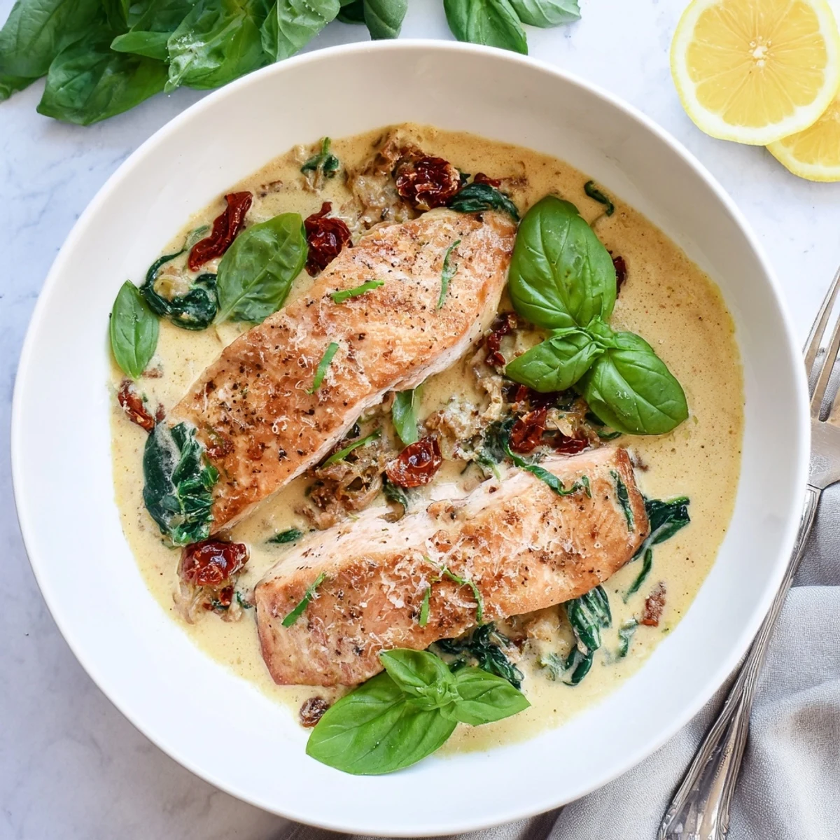 Perfectly cooked salmon swimming in luxurious white sauce dotted with red sun-dried tomatoes and fresh green spinach