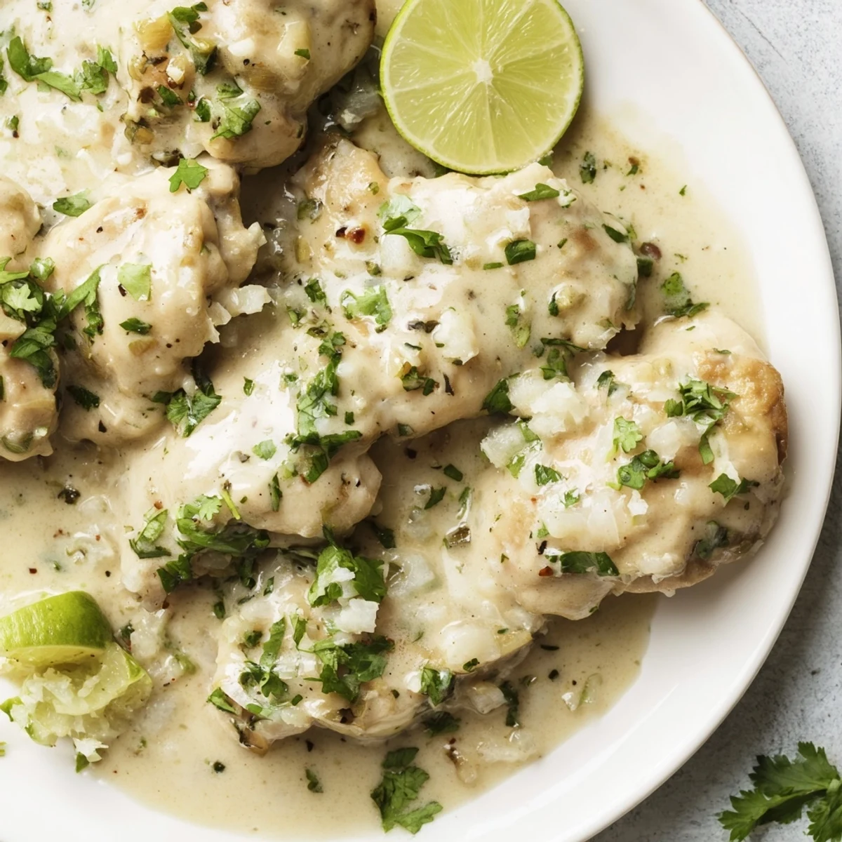 Golden coconut lime chicken breasts swimming in creamy white sauce with bright green cilantro garnish