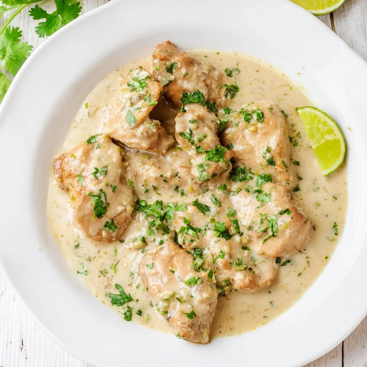 Tender chicken simmered in rich coconut milk sauce infused with zesty lime and aromatic garlic