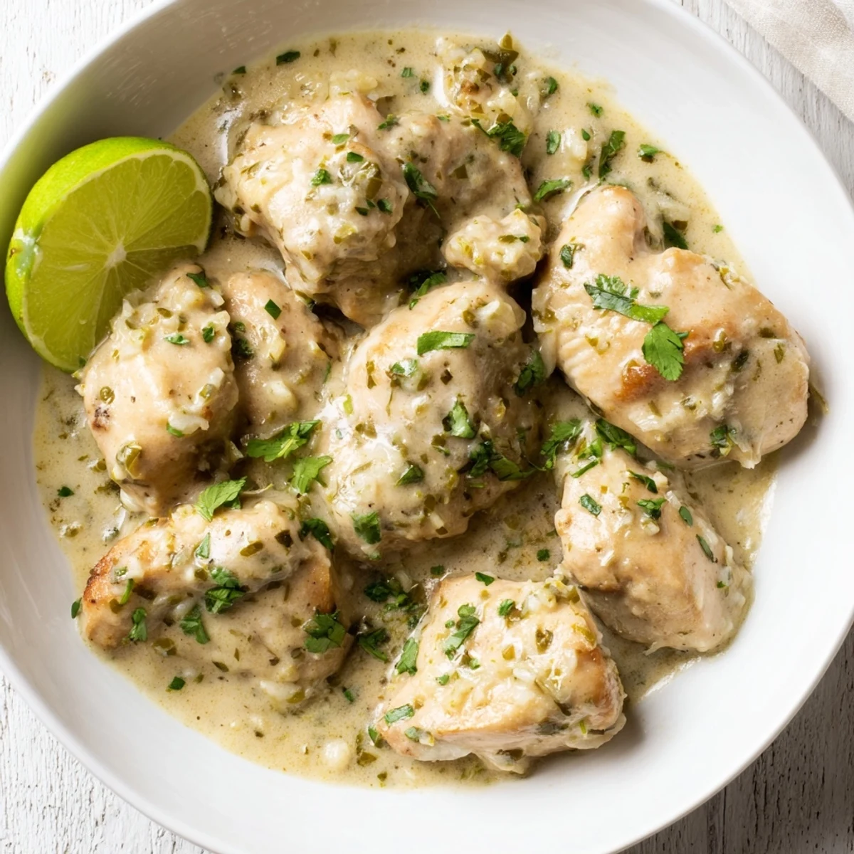 Savory coconut lime chicken plated with thick tropical sauce and fresh cilantro sprinkled on top