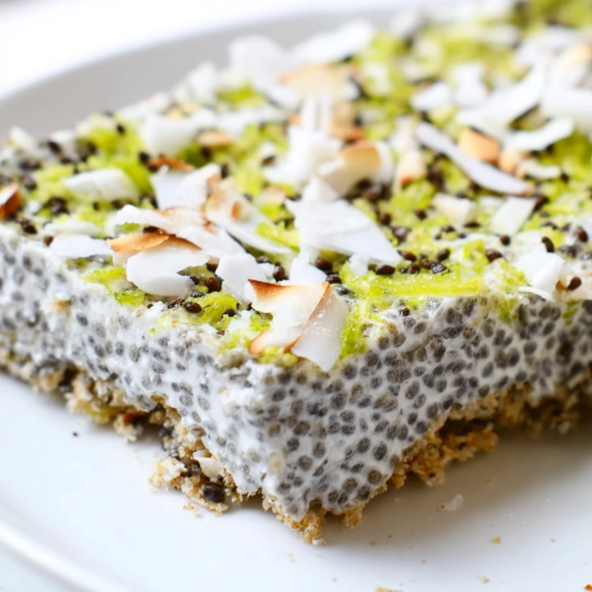 Creamy white chia pudding layered over crumbly coconut almond crust in these refreshing no bake zesty coconut lime chia pudding bars