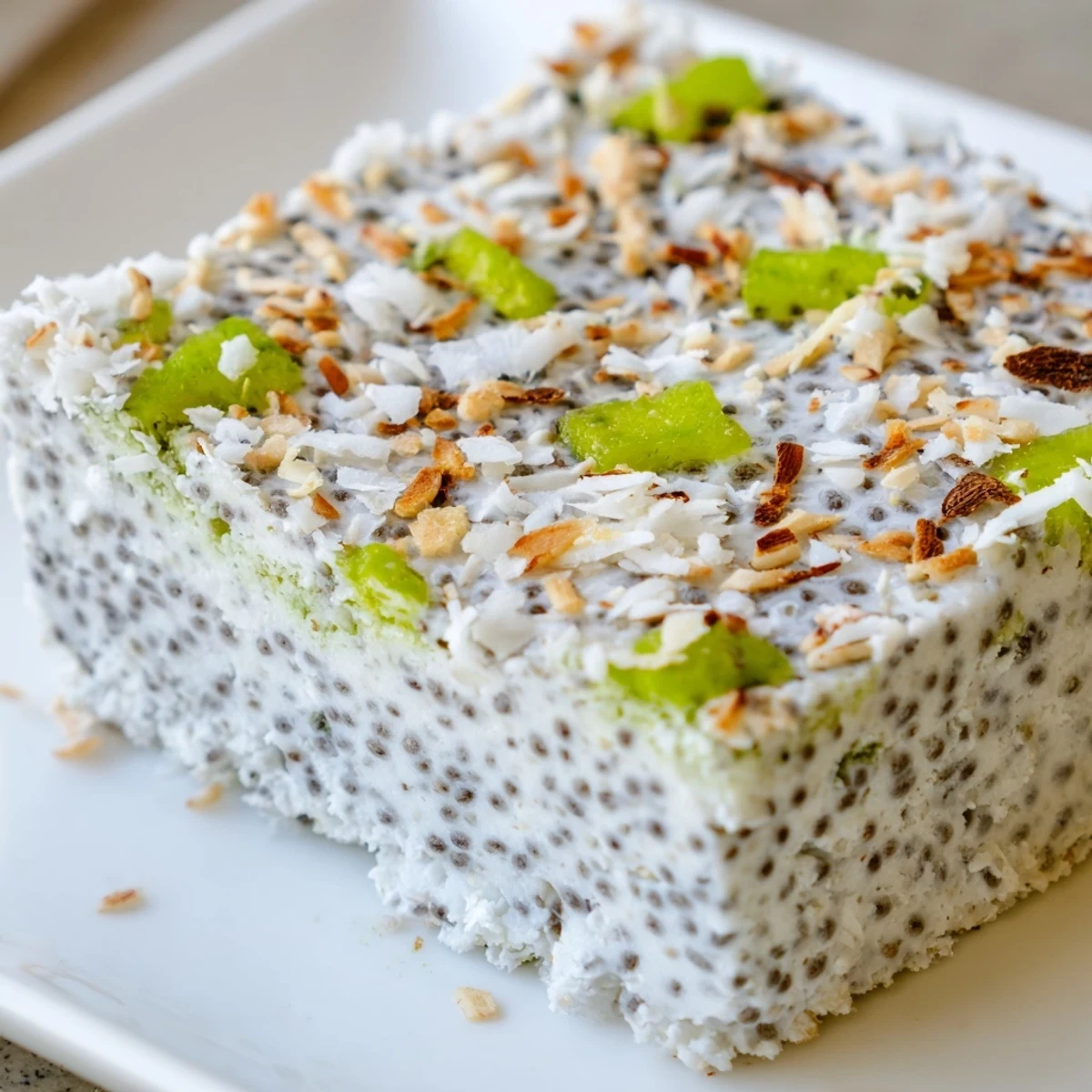 Chilled dessert square showing smooth lime infused coconut chia layer on nutty base in no bake zesty coconut lime chia pudding bars